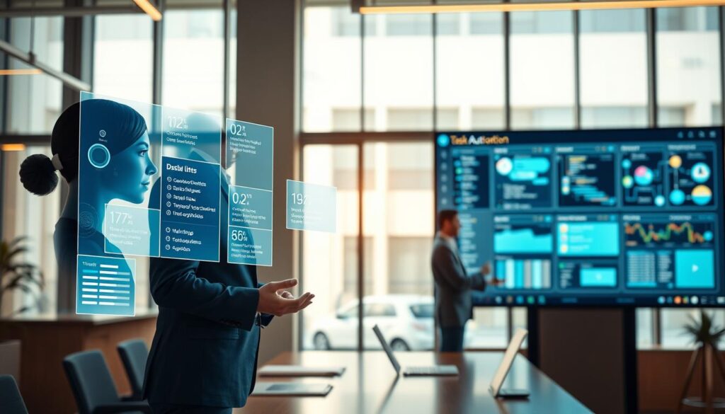 A sleek, modern office setting with a focus on task automation. In the foreground, a digital assistant avatar projects holographic task lists and schedules, seamlessly integrating with a user's smart devices. In the middle ground, an executive reviews workflow processes on a large, high-resolution touchscreen display, streamlining operations with a few taps. The background features floor-to-ceiling windows, allowing natural light to filter in and create a sense of openness and productivity. The lighting is warm and balanced, creating a calming yet efficient atmosphere. The camera angle is slightly elevated, conveying a sense of control and mastery over the automated systems.