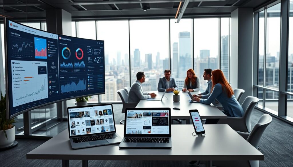 A sleek, modern office setting with a large, curved computer monitor displaying various social media analytics dashboards and marketing tools. In the foreground, a stylish minimalist desk with a laptop, tablet, and smartphone showcasing different AI-powered social media scheduling, content curation, and engagement tracking features. The middle ground features a team of professionals collaborating around a large conference table, discussing strategies and insights generated by the AI-driven tools. The background is filled with floor-to-ceiling windows, providing ample natural lighting and a cityscape view, conveying a sense of innovation and productivity.
