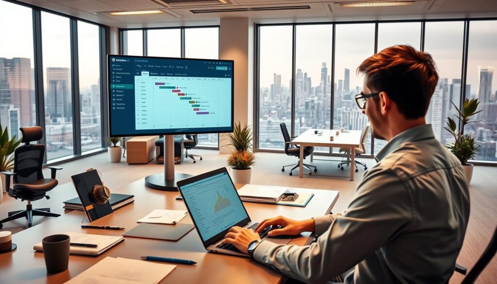 A sleek, modern office setting with a large desk showcasing a project management software interface. The screen displays a Gantt chart, task lists, and real-time collaboration tools. In the foreground, a professional working on a laptop, hands poised over the keyboard, surrounded by neatly organized documents and stationery. Warm, indirect lighting casts a focused glow, creating a productive atmosphere. The middle ground features stylish ergonomic furniture and potted plants, while the background reveals floor-to-ceiling windows overlooking a vibrant cityscape. The scene conveys a sense of efficiency, organization, and technology-driven project management.