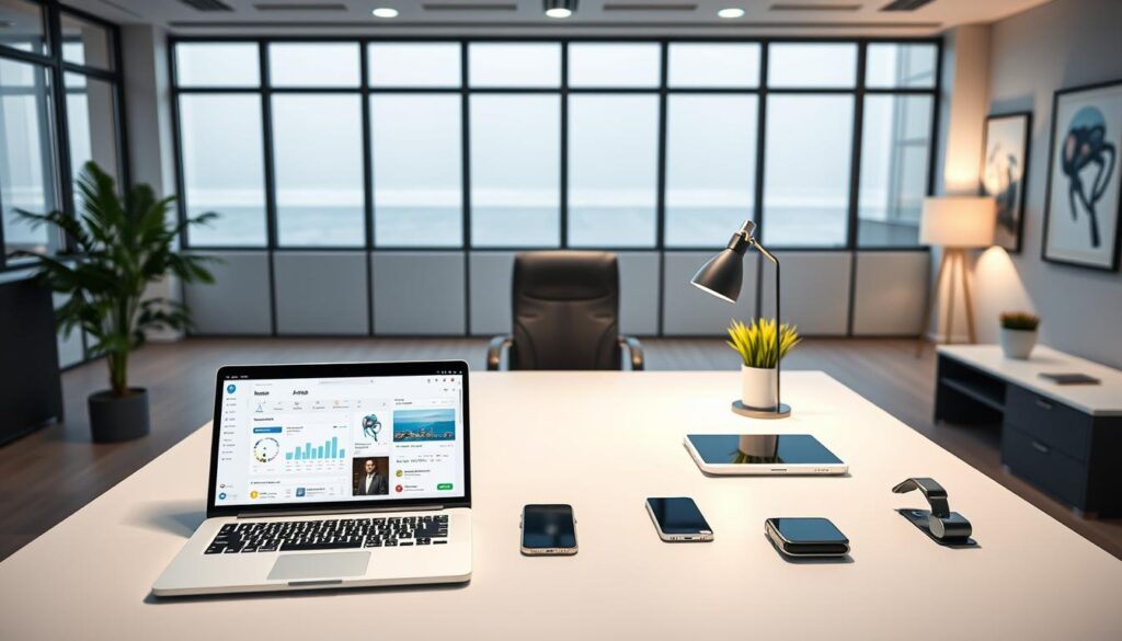 A sleek, modern office setting with a large desk showcasing various AI-powered social media scheduling tools. In the foreground, an open laptop displays a dashboard with analytics, content scheduling, and automation features. On the desk, an array of smart devices - a tablet, a smartphone, and a smartwatch - highlight the cross-platform integration of these tools. The middle ground features a minimalist office chair, a plant, and a stylish desk lamp, creating a productive yet visually appealing workspace. The background depicts floor-to-ceiling windows that allow natural light to fill the room, along with a few abstract artworks on the walls, conveying a sense of creativity and innovation. The overall scene exudes a professional, efficient, and tech-savvy atmosphere, perfectly suited for the "Comparing AI Social Media Scheduling Tools" section of the article.