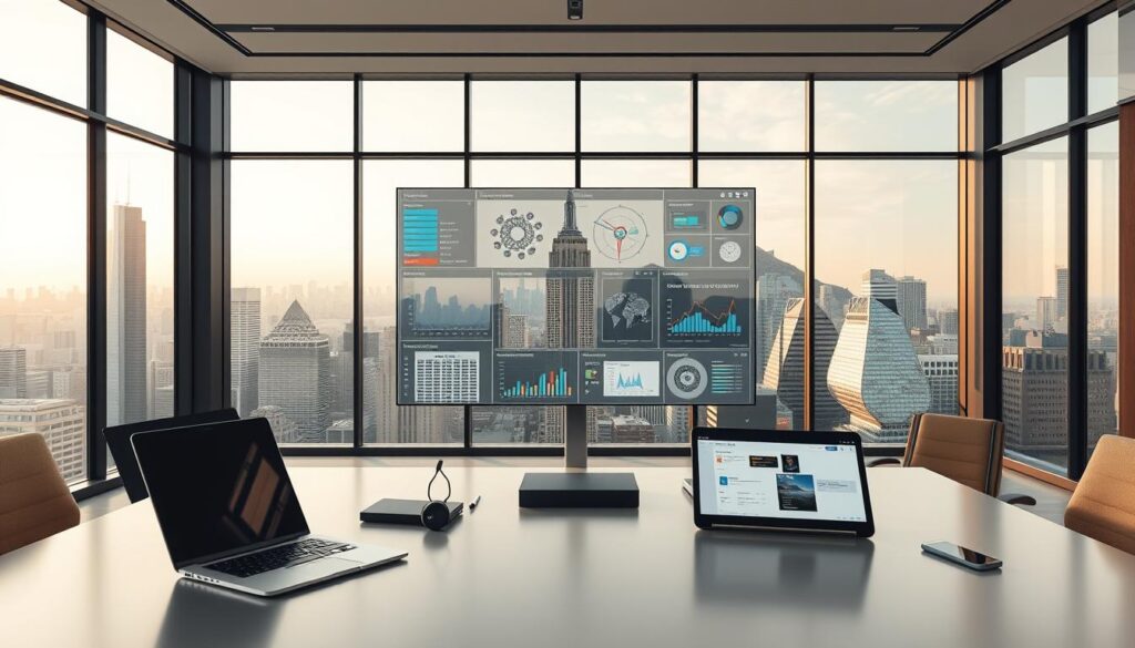 A sleek, modern office space with a clean and minimalist aesthetic. In the foreground, a desk with a laptop, tablet, and various productivity-focused AI tools and software displayed, including digital assistants, language models, and task automation apps. The middle ground features a large, high-resolution display showing different visualizations and analytics related to these AI tools, highlighting their impact on workflow and productivity. The background showcases floor-to-ceiling windows overlooking a bustling city skyline, bathed in soft, warm lighting that creates a professional and inspirational atmosphere. The overall scene conveys the power of AI-driven productivity tools to streamline workflows, boost efficiency, and transform the modern workplace.