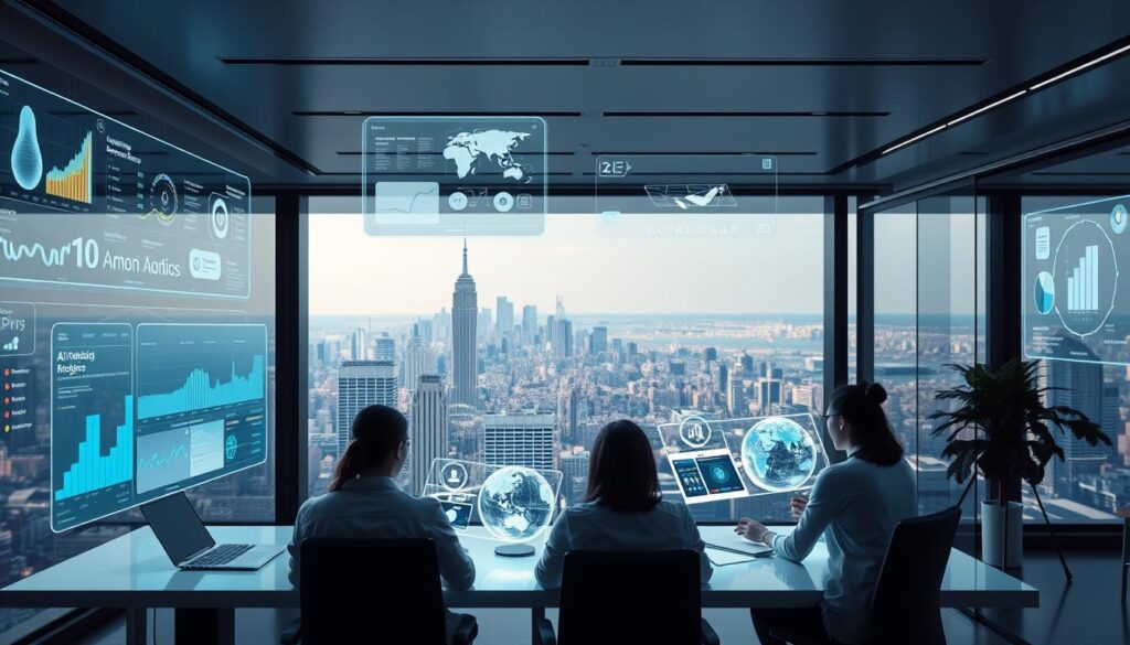 A sleek, modern workspace filled with holographic displays, floating data visualizations, and intuitive AI-powered social media management tools. In the foreground, a stylized dashboard showcases real-time analytics, content curation, and scheduling capabilities. The middle ground features a collaborative team brainstorming session, with team members interacting with virtual mood boards and campaign planning tools. The background depicts a panoramic view of a bustling city skyline, symbolizing the global reach and impact of these cutting-edge social media management solutions. Lighting is soft and diffused, creating a sense of sophistication and professionalism. The overall scene conveys the power and efficiency of AI-driven social media management in the modern digital landscape.