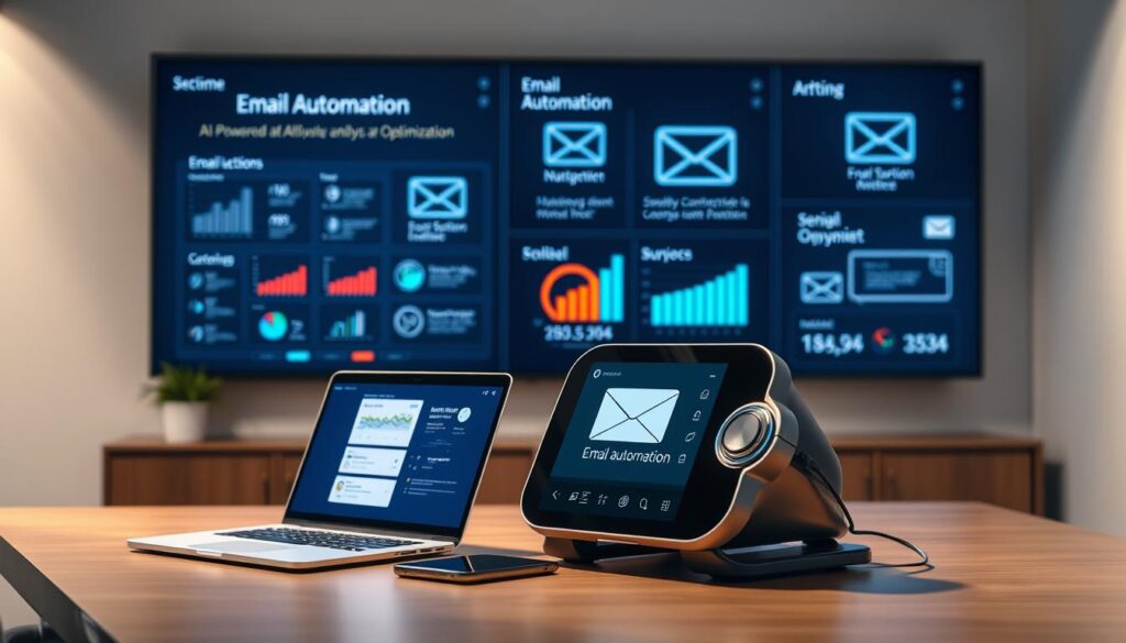 A sleek office desk with a laptop, smartphone, and a futuristic-looking device displaying an email automation interface. In the background, a wall-mounted screen showcases various AI-powered email analytics and optimization tools. Soft, directional lighting illuminates the scene, creating a professional and efficient atmosphere. The image conveys the seamless integration of AI technology into the daily email workflow, boosting productivity and saving time.
