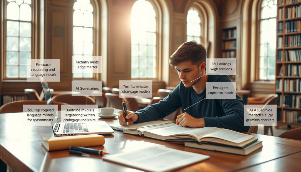 A study desk in a cozy university library, sunlight filtering through tall windows. On the desk, an open laptop, a pen-and-paper notebook, and various AI writing tools - language models, text summarizers, grammar checkers. A student intently focused, taking notes and collaborating with the digital assistants. In the background, bookshelves filled with volumes, a sense of scholarly contemplation. The image conveys the seamless integration of AI-powered writing aids into the academic workflow, enhancing research, ideation, and composition.