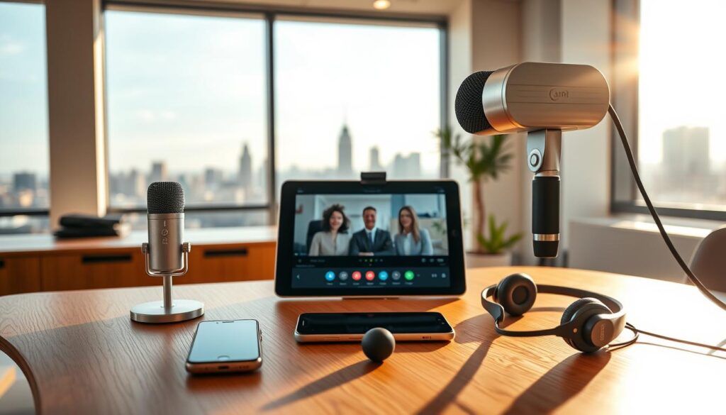 A sunlit modern office interior with sleek communication tools arranged on a minimalist wooden desk. In the foreground, a high-quality webcam, a professional-grade microphone, and a tablet displaying a video conferencing app. In the middle ground, a smartphone and wireless headphones symbolize seamless remote collaboration. The background features a large window overlooking a vibrant urban skyline, bathing the scene in warm, natural lighting. The overall atmosphere conveys efficiency, connectivity, and the future of virtual teamwork.
