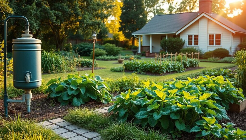 A tranquil garden scene with a lush, verdant landscape. In the foreground, a series of small, artfully designed water conservation features such as a rain barrel, a drip irrigation system, and a permeable paving path. The middle ground showcases a thriving vegetable garden, with healthy plants and vibrant colors. In the background, a charming cottage with a neatly pruned garden surrounded by mature trees, bathed in warm, golden afternoon light. The overall atmosphere conveys a sense of harmony, sustainability, and a mindful, eco-friendly lifestyle.