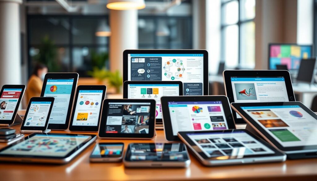 A vibrant and engaging visual representation of microlearning strategies, captured through the lens of a high-resolution digital camera. In the foreground, a diverse array of mobile devices and tablets, each displaying bite-sized learning content on their crisp, backlit screens. The middle ground showcases a variety of educational infographics, mind maps, and interactive modules, all designed to facilitate focused, incremental knowledge acquisition. The background is a softly blurred office environment, hinting at the busy, fast-paced world of today's career-driven professionals. The lighting is warm and natural, creating a sense of productivity and enlightenment. The overall composition conveys the efficiency, convenience, and effectiveness of microlearning as a tool for continuous personal and professional development.