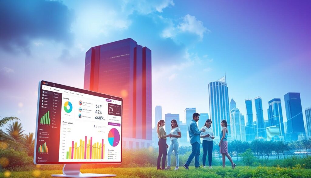 A vibrant digital landscape showcasing a suite of AI-powered social media marketing tools. In the foreground, a sleek dashboard displays colorful analytics, interactive charts, and targeted content suggestions. In the middle ground, a team of diverse personas collaborates on campaigns, with smart algorithms streamlining their workflow. The background features a skyline of contemporary skyscrapers, symbolizing the cutting-edge technology powering these innovative solutions. Soft, directional lighting illuminates the scene, creating a sense of sophistication and innovation. The overall composition conveys the efficiency, precision, and collaborative nature of AI-driven social media marketing.