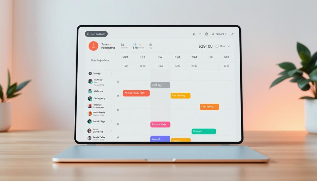 A well-designed task management app interface showcasing productivity tools. In the foreground, a clean dashboard with intuitive widgets for organizing tasks, scheduling, and time tracking. The middle ground features a calendar view with color-coded project timelines. In the background, a sleek minimal design with a soothing pastel color palette and soft ambient lighting, creating a serene and focused atmosphere. The entire scene is captured with a cinematic wide-angle lens, highlighting the app's user-friendly layout and seamless functionality. The image conveys a sense of effortless productivity and work-life balance, ideal for a remote work toolkit.