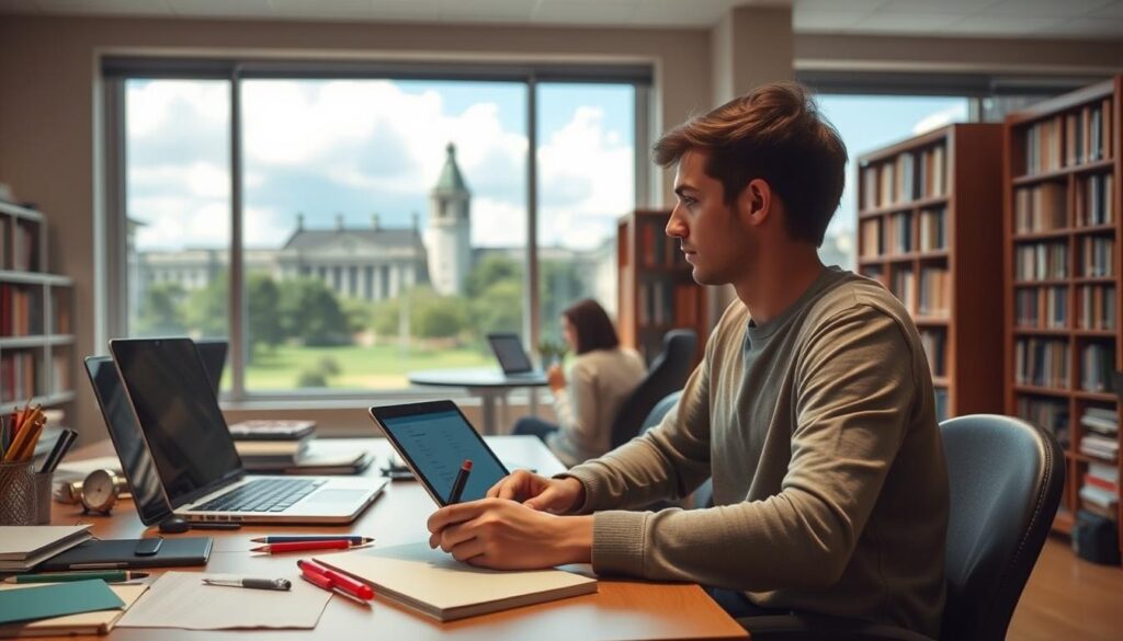 A well-lit academic workspace, a cluttered desk with a laptop, tablets, and various writing implements. In the foreground, a student contemplates several AI writing tools, comparing their features on the screen. The middle ground showcases a library bookshelf, hinting at research and scholarly pursuits. The background features a large window overlooking a picturesque campus, with a blue sky and fluffy clouds, conveying a sense of inspiration and possibility. Soft, warm lighting creates a serene, focused atmosphere, as the student ponders the best AI writing tool to enhance their academic writing.