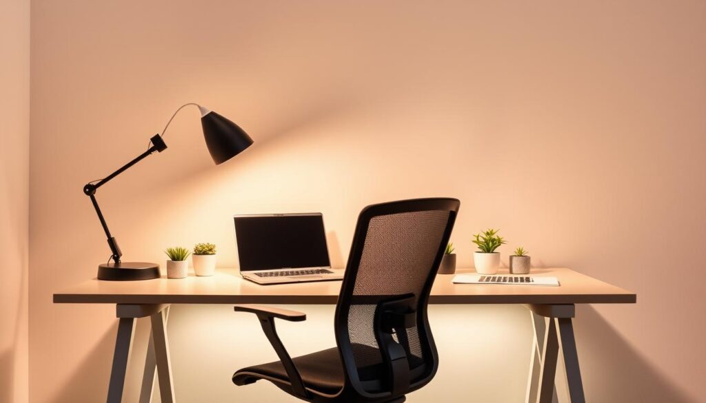 A well-lit, cozy home office setup with a modern desk, ergonomic chair, and adjustable lamp providing warm, diffused lighting. The desk is adorned with a sleek laptop, a few potted plants, and a minimalist desk organizer. The background features a plain, neutral-toned wall, creating a clean, uncluttered atmosphere. The overall scene conveys a sense of productivity and comfort within a budget-friendly, yet stylish, remote work environment.
