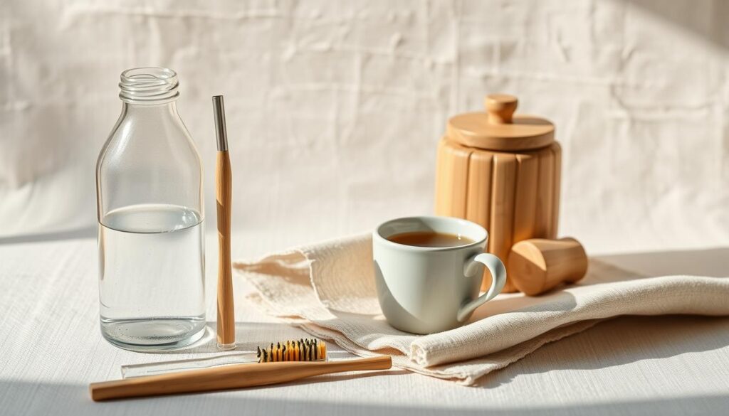 A well-lit, minimalist still life scene depicting a zero-waste lifestyle. In the foreground, a reusable glass water bottle, a metal straw, and a bamboo toothbrush. In the middle ground, a ceramic mug filled with loose-leaf tea, surrounded by a linen napkin and a small wooden compost bin. The background features a backdrop of natural linen or wooden texture, creating a serene, earthy atmosphere. Soft, diffused lighting casts gentle shadows, emphasizing the clean, sustainable materials. The composition is balanced and visually appealing, inviting the viewer to embrace a more environmentally conscious lifestyle.