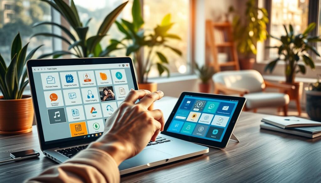 A well-lit office desk showcasing a range of remote work apps on a laptop and tablet. In the foreground, a hand navigates through various productivity, communication, and task management software, while the background features potted plants, a cozy reading nook, and warm natural lighting filtering through large windows. The overall atmosphere is one of focused efficiency and a balanced, comfortable workspace. Detailed, cinematic, highly realistic.