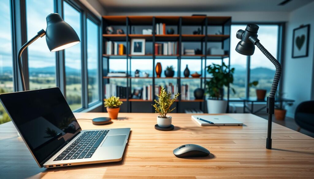A well-organized and visually appealing home office setup with essential low-cost tech tools. In the foreground, a modern desk with a sleek laptop, a minimalist wireless mouse, and a high-quality webcam on a flexible mount. On the desk, a small plant and a stylish desk lamp provide subtle ambient lighting. In the middle ground, bookshelves with neatly arranged books and a few personal decorative elements create a cozy, productive atmosphere. The background features a large window overlooking a scenic landscape, allowing natural light to filter in and create a calming, spacious ambiance. The entire scene is captured with a wide-angle lens, emphasizing the harmonious and functional layout of the remote office.