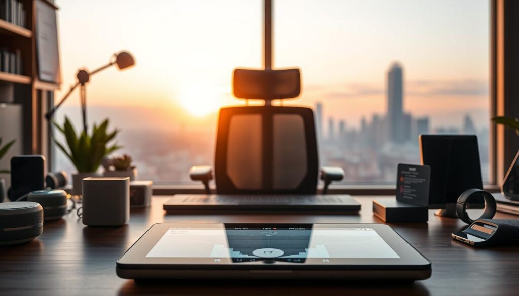 A workspace filled with AI-powered productivity tools, the desktop awash in a warm, diffused light. In the foreground, a sleek, futuristic tablet displaying a crisp, intuitive time management interface. Surrounding it, an array of smart devices - a voice assistant, a fitness tracker, and a digital planner - all seamlessly integrated to optimize daily workflows. In the middle ground, a minimalist ergonomic chair and desk set against a backdrop of a serene city skyline, hinting at the harmony between technology and productivity. The overall atmosphere radiates efficiency, focus, and a sense of control over one's time, reflecting the transformative potential of AI-driven time management.
