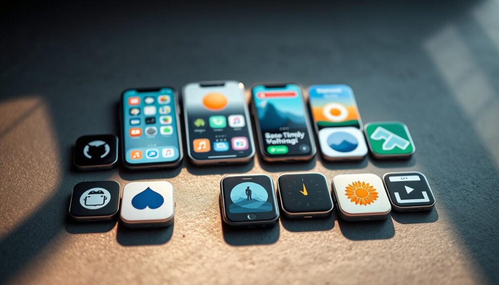 An array of essential iPhone apps arranged on a minimalist slate backdrop, casting soft shadows. In the foreground, sleek app icons for meditation, digital wellbeing, and screen time management tools. The middle ground showcases productivity and focus-enhancing apps, while the background hints at natural landscapes, promoting a sense of digital detachment. Warm, diffused lighting emanates a calming, retreat-like atmosphere. Captured with a shallow depth of field, the composition emphasizes the apps as the central focus.