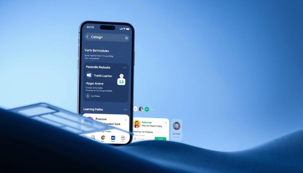 An immersive, well-designed mobile app interface showcasing personalized learning paths for busy professionals. The foreground features a sleek dashboard with intuitive tiles for different learning modules, each with an eye-catching icon and concise title. The middle ground displays a curated selection of courses tailored to the user's interests and goals, with progress bars and completion badges. In the background, a subtle gradient creates a sense of depth and sophistication, complemented by a minimalist color palette of blues and grays. Soft, diffused lighting casts a calming, focused atmosphere, inviting the user to dive into their personalized learning journey. The overall composition strikes a balance between functionality and aesthetic appeal, reflecting the app's commitment to delivering an exceptional microlearning experience for busy professionals.
