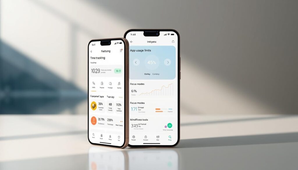 Elegant and intuitive digital wellbeing app interface set against a serene, minimalist backdrop. In the foreground, a sleek smartphone display showcases the app's key features - time tracking, app usage limits, focus modes, and mindfulness tools. Soft lighting illuminates the interface, highlighting its clean design and user-friendly layout. The middle ground features subtle infographic elements that visualize data on device usage and productivity metrics. In the background, a blurred nature scene conveys a sense of calm and balance, complementing the app's purpose of improving focus and digital wellness.