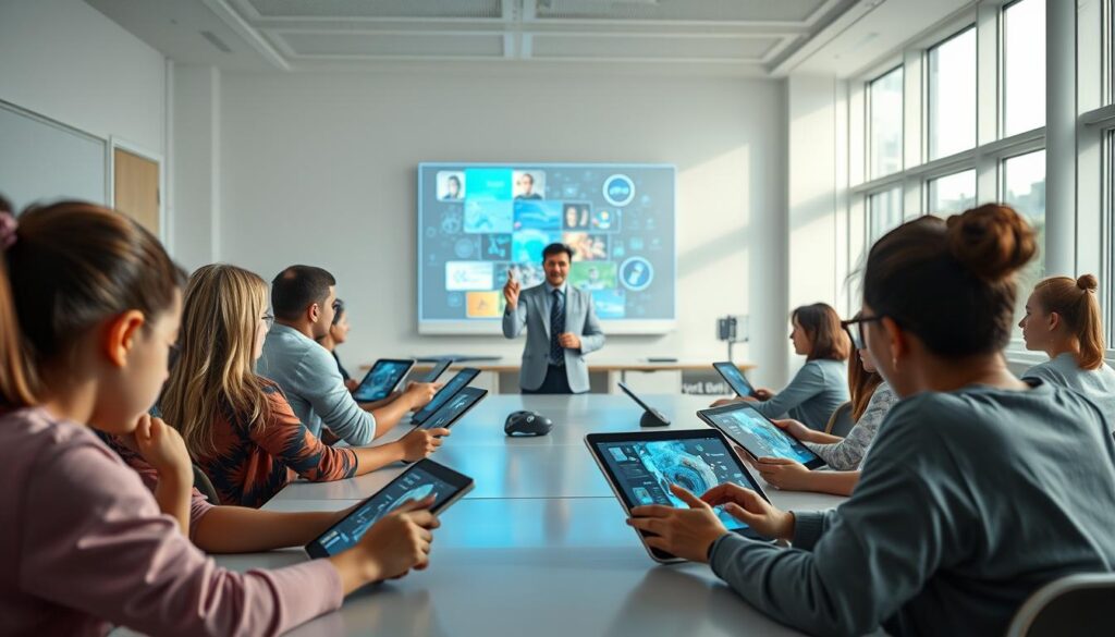 Modern learning techniques showcase a dynamic, technology-driven classroom. In the foreground, students engage with sleek touchscreen devices, exploring interactive lessons and simulations. The middle ground features a teacher guiding the class, utilizing a holographic display to present engaging multimedia content. The background showcases a minimalist, well-lit learning space with large windows, allowing natural light to flood the room and create a contemporary, airy atmosphere. The overall scene conveys a sense of innovation, collaboration, and a forward-thinking approach to education.