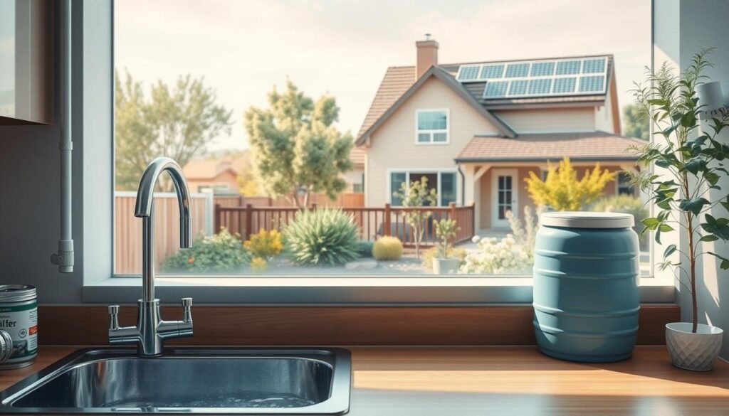 a detailed realistic image of various water conservation techniques in a modern household setting, showcasing a combination of low-tech and eco-friendly solutions. The foreground depicts a kitchen sink with a water-efficient faucet, a rain barrel collecting water from the downspout, and a low-flow showerhead. The middle ground features a family-friendly backyard with a small greywater system irrigating a lush, drought-tolerant garden. The background depicts the exterior of a suburban home with solar panels on the roof, demonstrating a holistic approach to water and energy conservation. The lighting is natural, with soft shadows and warm tones, conveying a sense of tranquility and environmental harmony. The overall composition is balanced and visually appealing, highlighting the practical and effective ways individuals can adopt water-saving practices in their everyday lives.