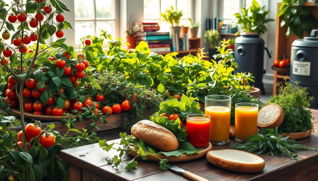 A bountiful kitchen garden overflowing with lush, organic produce - tomatoes, leafy greens, and fragrant herbs. In the foreground, a rustic wooden table laden with a vibrant salad, homemade bread, and a glass of fresh-pressed juice. Sunlight filters in through large windows, casting a warm, natural glow. In the background, a bookshelf showcases titles on sustainable living, eco-friendly cooking, and backyard farming. Potted plants and a small indoor composter complete the scene, reflecting a harmonious, self-sufficient lifestyle. A sense of mindfulness, simplicity, and connection to the land permeates the space.