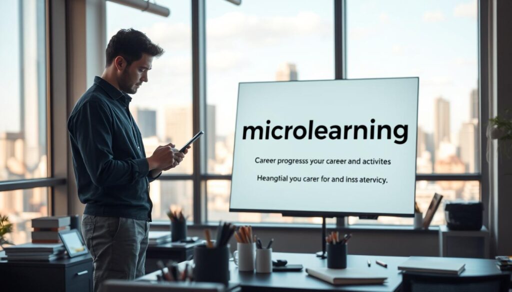 A bright, modern office setting with a large window overlooking a bustling cityscape. In the foreground, a person standing at a desk, intently studying a tablet device. Surrounding them, various office supplies and equipment, suggesting an environment conducive to focused learning. The middle ground features a whiteboard or digital display, showcasing simple, visually appealing microlearning content on career advancement topics. The background is softly blurred, creating a sense of depth and emphasis on the learning activities. The lighting is warm and natural, creating a comfortable, productive atmosphere. The overall composition conveys the idea of using microlearning as a tool for professional development and career growth.