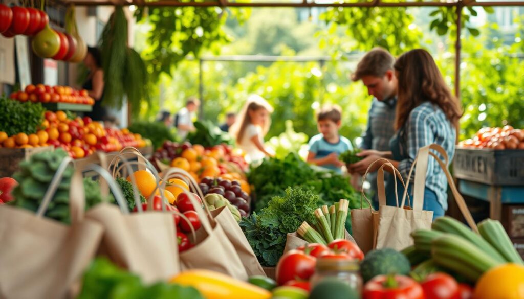 A bustling farmers' market scene, with vibrant produce and reusable shopping bags in the foreground. In the middle ground, a family carefully selecting fresh, locally-grown fruits and vegetables. The background features a lush, verdant urban garden, with sunlight streaming through the leaves. The overall mood is one of abundance, sustainability, and a connection to the land. Warm tones and a soft, natural lighting create a welcoming, inviting atmosphere. A visually striking representation of shifting towards budget-friendly, low-impact food choices.