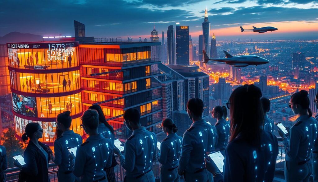 A bustling futuristic cityscape, bathed in a warm glow of holographic displays and sleek, streamlined architecture. In the foreground, a group of professionals engage in interactive learning sessions on their wearable devices, seemingly absorbed in the glowing interfaces. The middle ground features a towering, multi-level corporate training facility, its façade adorned with dynamic, evolving data visualizations. The background showcases a sprawling urban landscape, where skyscrapers and hovercraft intertwine, reflecting the rapid pace of technological advancement. The scene conveys a sense of seamless integration between work, learning, and the ever-evolving digital landscape of the future.