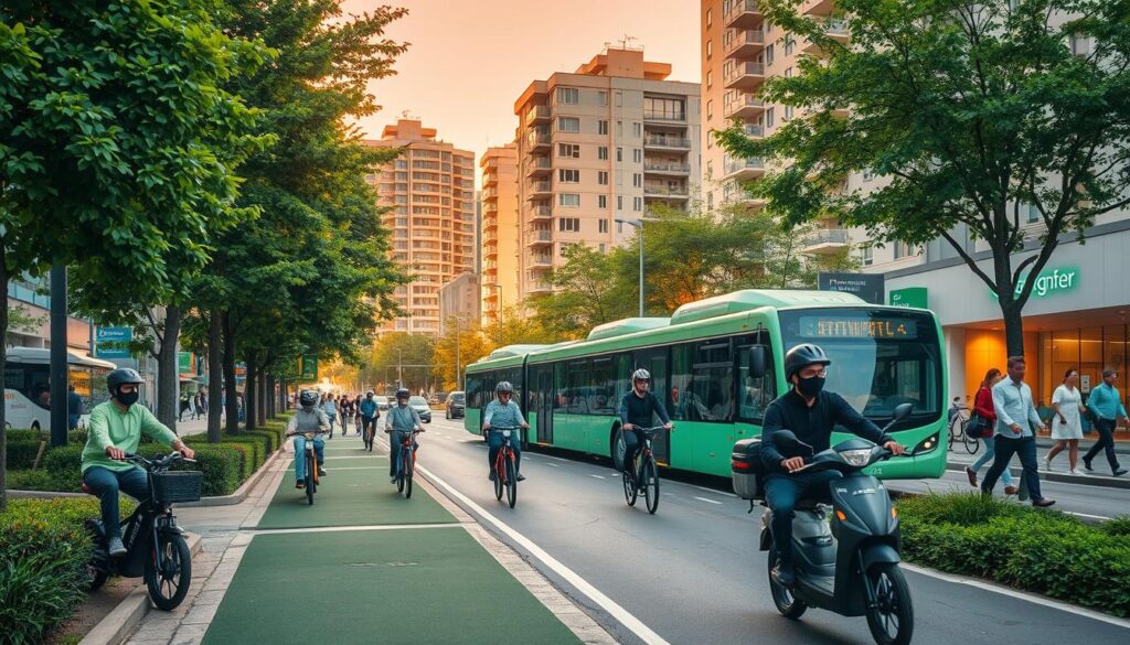 A bustling urban street, with a mix of electric scooters, bicycles, and pedestrians moving efficiently through the green-tinged cityscape. The foreground features a well-maintained bike lane, lined with lush trees and shrubs, creating a serene and sustainable atmosphere. The middle ground showcases a public transportation hub, with a sleek, modern electric bus disembarking passengers. In the background, energy-efficient apartment buildings and eco-friendly businesses blend seamlessly into the urban landscape, illuminated by warm, natural lighting and a soft, golden hour glow. The scene conveys a vision of budget-friendly, green living through diverse, accessible, and environmentally conscious transportation options.