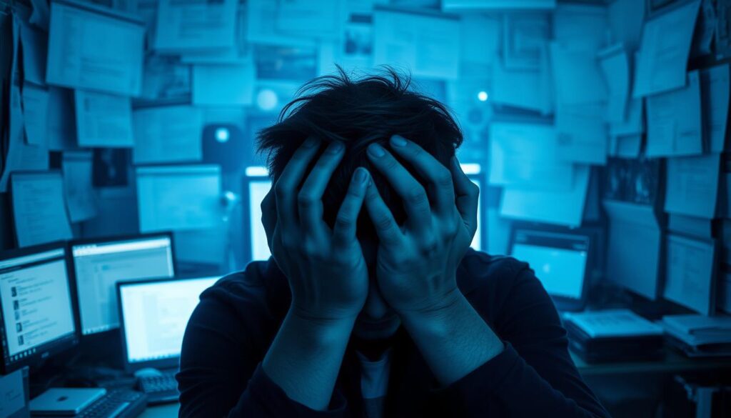 A busy, cluttered desktop filled with an overwhelming array of windows, apps, and digital devices, casting a harsh blue-white glow. In the foreground, a person's hands clasp their head, face obscured, conveying a sense of mental exhaustion and information overload. The background is hazy, out of focus, emphasizing the individual's detachment from their physical surroundings. Muted, cool tones create a moody, oppressive atmosphere, reflecting the detrimental impact of excessive technology usage on mental well-being. Dramatic, high-contrast lighting casts dramatic shadows, heightening the sense of psychological strain.