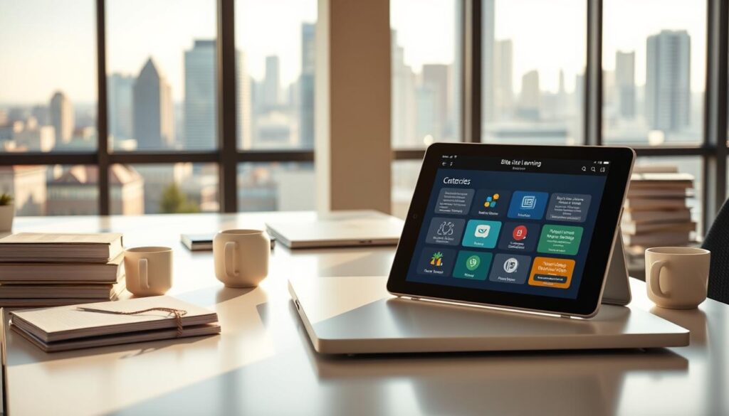 A clean, well-lit office space with large windows overlooking a bustling cityscape. On a sleek, minimalist desk, a tablet display showcases a collection of bite-sized learning modules, each module represented by a vibrant, informative icon. The desk is surrounded by stacks of books, coffee mugs, and office supplies, conveying a sense of focused productivity. The lighting is warm and natural, casting a gentle glow over the scene. In the background, the city skyline shimmers, suggesting the broader professional context in which these bite-sized learning benefits can be realized. The overall mood is one of efficiency, clarity, and the empowerment that comes from mastering new skills through a personalized, flexible learning experience.