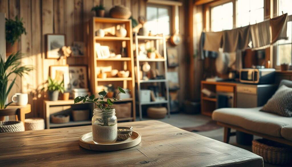 A cozy and sustainable living space with a rustic, earthy aesthetic. In the foreground, a minimalist wooden table hosts a potted plant, a mason jar, and a simple meal. Warm natural lighting filters through large windows, casting a soothing glow. The middle ground features a repurposed bookshelf displaying eco-friendly decor and upcycled trinkets. In the background, a small kitchen area showcases energy-efficient appliances and a clothesline drying natural fabrics. Subtle textures of weathered wood, woven baskets, and natural fibers create a inviting, budget-friendly atmosphere.