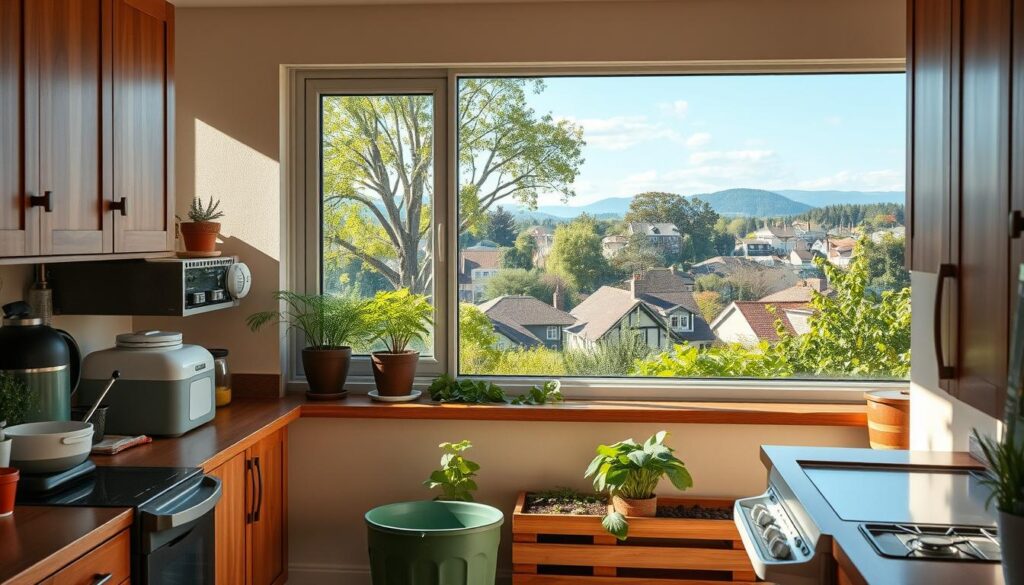 A cozy kitchen interior with natural lighting, filled with sustainable household items and appliances. Wooden cabinets, a composting bin, and energy-efficient appliances occupy the foreground. In the middle ground, a window overlooks a thriving organic garden, with lush greenery and a rainwater harvesting system. The background showcases a panoramic view of a peaceful, tree-lined neighborhood, emphasizing the harmonious integration of eco-friendly living within a residential setting. The overall scene conveys a sense of tranquility, efficiency, and a commitment to a sustainable, cost-effective lifestyle.