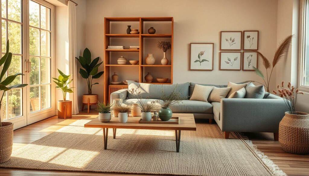 A cozy, sun-drenched living room with modern eco-friendly furnishings. In the foreground, a plush, natural fiber area rug anchors the space, surrounded by a sleek L-shaped sofa upholstered in organic linen. Potted plants and dried floral arrangements adorn a wooden coffee table, casting soft shadows. The middle ground features a tall bookshelf made of reclaimed wood, its shelves displaying an array of sustainable home decor items like ceramic vases and woven baskets. Warm, golden light filters through large windows, illuminating the room's soothing palette of earthy greens, browns, and neutrals. The background showcases a minimalist gallery wall with framed botanical prints, completing the tranquil, eco-conscious ambiance.