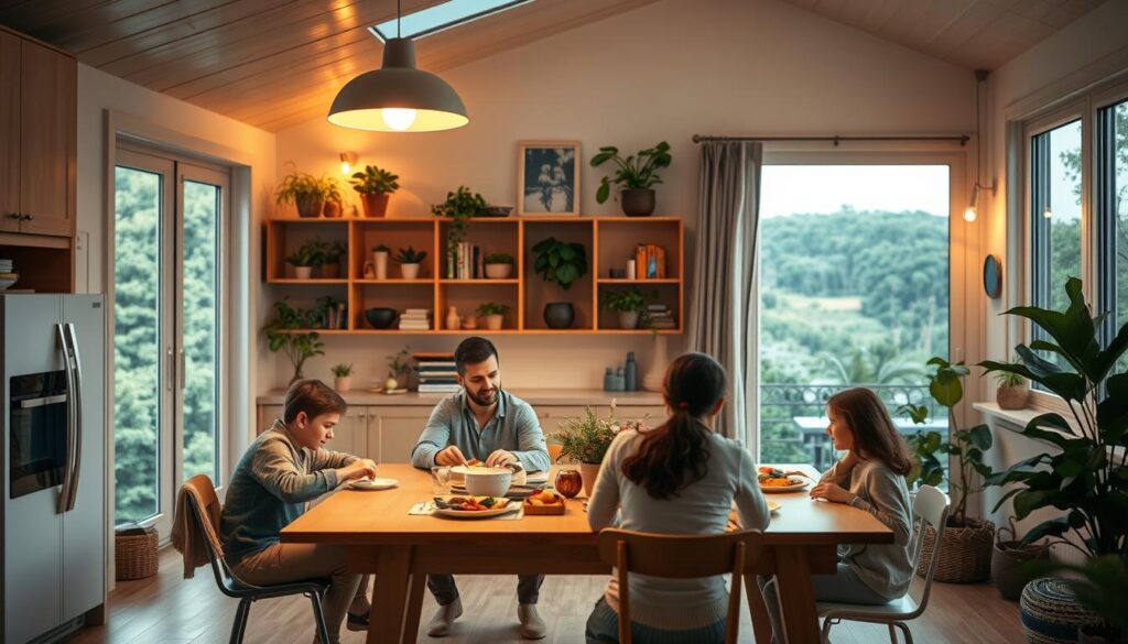 A cozy, well-lit home interior with energy-efficient appliances, LED lighting, and weatherized windows. In the foreground, a family gathers around a modern, sustainable dining table, enjoying a home-cooked meal. The middle ground features a wall of bookshelves and plants, showcasing eco-friendly decor. The background depicts a lush, nature-inspired landscape visible through the large windows, hinting at the home's connection to the outdoors. The lighting is warm and inviting, creating a sense of comfort and affordability. The overall aesthetic reflects a harmonious blend of practicality, sustainability, and a touch of rustic charm.