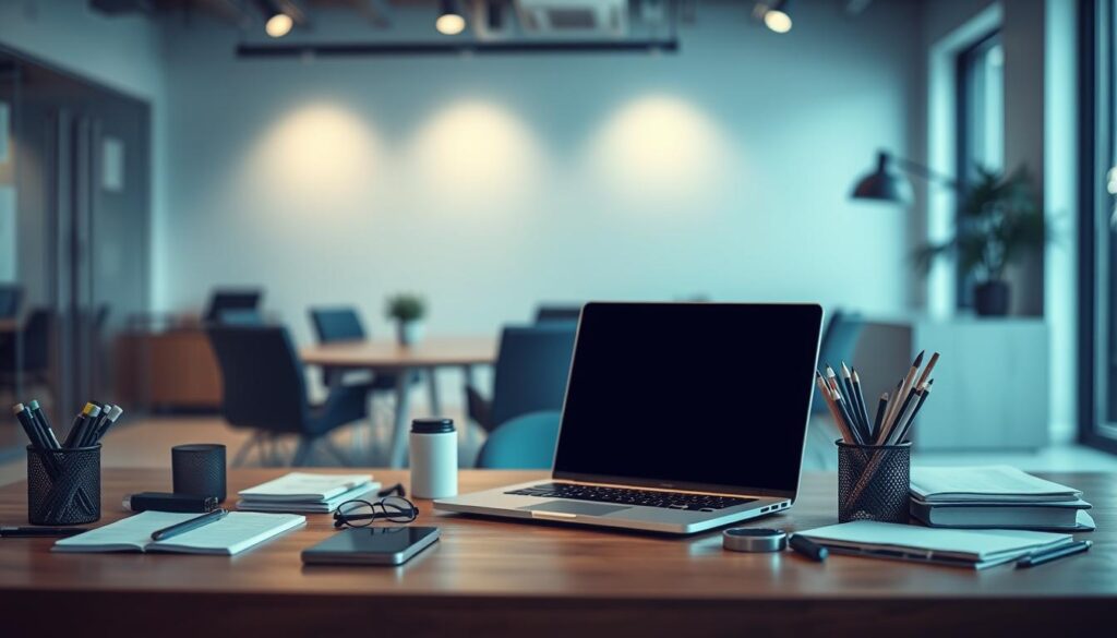 A desk with a laptop, smartphone, and various office supplies arranged artfully, surrounded by a blurred background of a modern corporate office space with clean lines and minimalist decor. The lighting is soft and diffused, creating a warm, contemplative atmosphere. The image conveys a sense of focus and intentionality in the integration of microlearning into a strategic career growth plan.