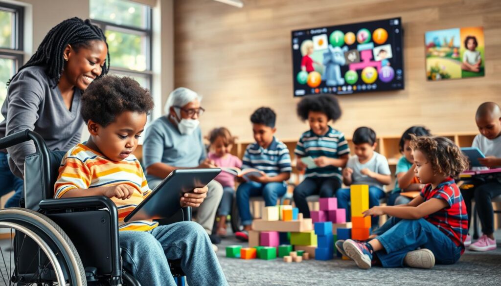 A diverse group of people of various ages, races, and abilities engaged in different learning activities. In the foreground, a young student in a wheelchair exploring a tablet, while nearby an elderly person is reading from a book. In the middle ground, a group of children playing with building blocks and puzzles. In the background, a wall-mounted screen displays educational visuals. The scene is illuminated by soft, natural light filtering through large windows, creating a warm and inclusive atmosphere. The composition captures the essence of personalized, adaptive learning that caters to the unique needs of each individual.