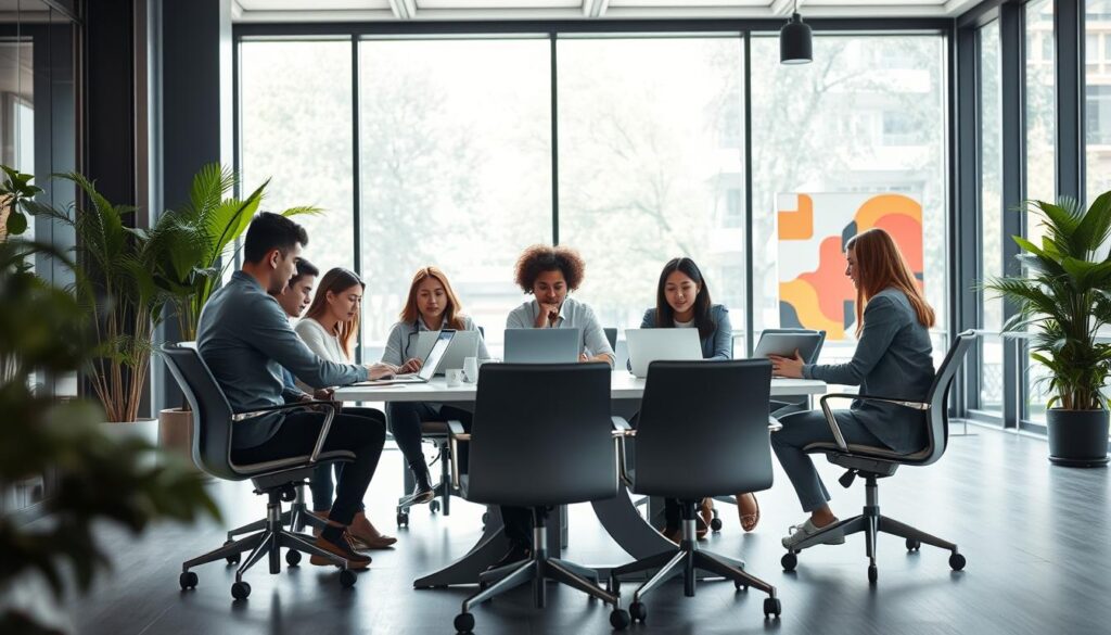 A dynamic, modern office space with floor-to-ceiling windows flooding the room with natural light. In the foreground, a group of young professionals engaged in a collaborative discussion around a sleek, minimalist conference table. Ergonomic chairs and a variety of tech devices suggest an environment conducive to innovation and career growth. The middle ground features a diverse team working intently on their laptops, the glow of their screens illuminating their faces. In the background, an open-concept layout with vibrant, abstract artwork on the walls, and greenery bringing a sense of freshness to the space. The overall atmosphere conveys a forward-thinking, adaptable approach to professional development in the 21st century.