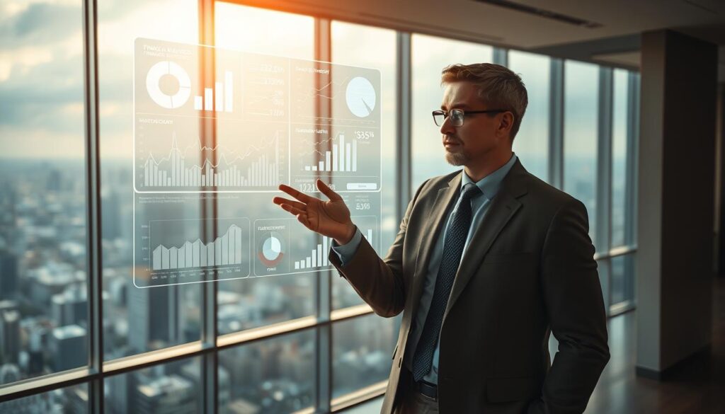 A financial advisor stands in a modern office, studying a holographic display of charts, graphs, and financial data. The lighting is warm and focused, casting dramatic shadows. The advisor's expression is one of deep concentration, their hand gesturing towards the floating information. In the background, a vast cityscape is visible through floor-to-ceiling windows, hinting at the larger economic landscape. The scene conveys the seamless integration of AI-powered analytics into the financial planning process, enhancing decision-making and accuracy.