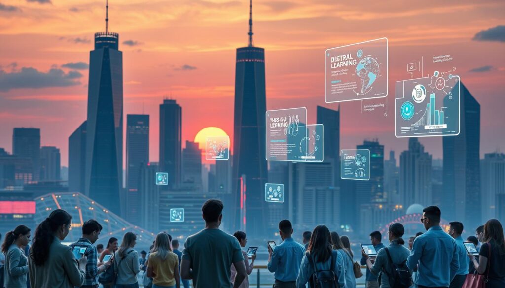 A futuristic cityscape with towering skyscrapers and holograms floating in the air, illuminated by neon lights and a vibrant sunset sky. In the foreground, several people are interacting with sleek, floating devices, immersed in engaging digital learning experiences. The middle ground features a sleek, minimalist interface showcasing various microlearning platforms, with clean typography and smooth animations. The background is a blend of modern architecture and advanced technology, hinting at the rapid evolution of educational technologies in the year 2025.