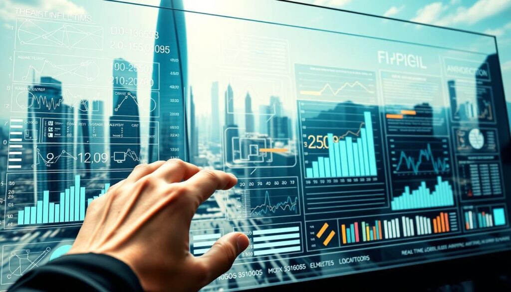 A high-tech control panel with a sleek, modern design, displaying various graphs, charts, and financial data. In the foreground, a human hand interacts with the touch screen, seamlessly navigating the intuitive AI-powered budgeting interface. The middle ground features intricately woven algorithms and data flows, visualizing the complex financial analysis happening behind the scenes. The background showcases a futuristic cityscape, with skyscrapers and gleaming technological infrastructure, symbolizing the integration of this AI-driven budgeting technology into the fabric of modern urban life. The lighting is clean and crisp, lending an air of efficiency and precision to the scene. The overall mood is one of advanced, user-friendly financial management empowered by the latest advancements in artificial intelligence.