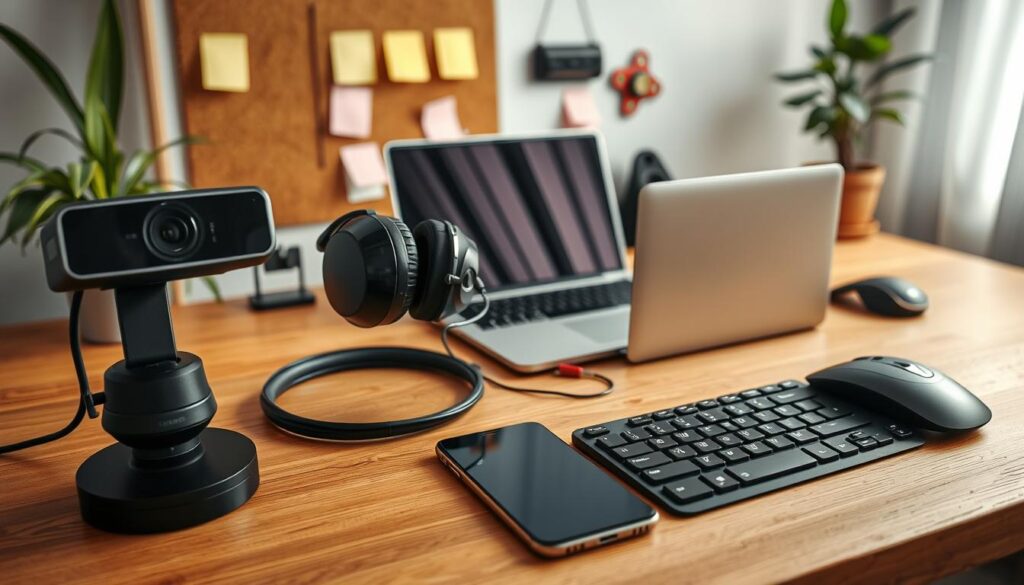 A home office setup with various remote work tools neatly arranged on a wooden desk. In the foreground, a high-quality webcam, a professional-grade headset, and a modern smartphone are placed prominently. In the middle ground, a sleek laptop computer, a wireless mouse, and a compact wireless keyboard are visible. In the background, a cork board with sticky notes, a fidget spinner, and a potted plant create a cozy, productive atmosphere. The lighting is soft and warm, creating a welcoming and focused environment. The image is captured at a slightly elevated angle, showcasing the tools in a clean, minimalist, and visually appealing manner.