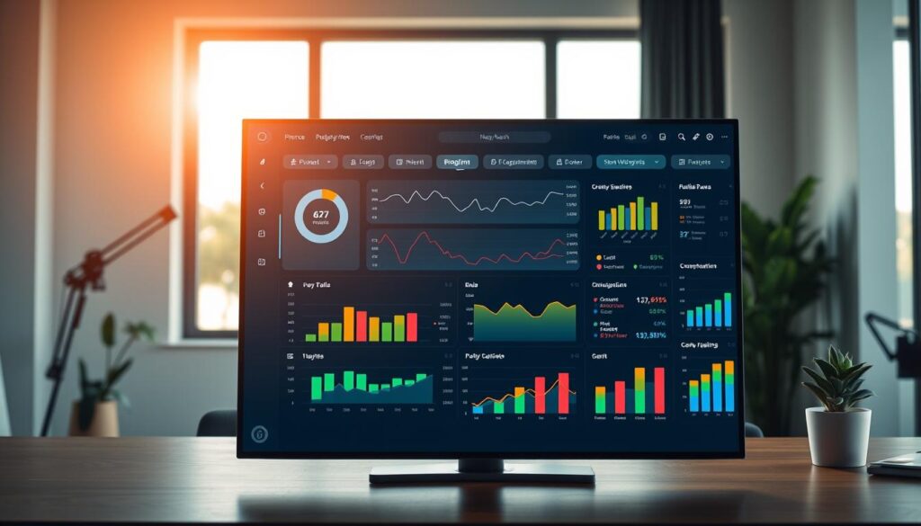 A meticulously designed dashboard featuring a range of advanced budgeting tools. In the foreground, a sleek interface displays interactive charts, graphs, and financial projections powered by cutting-edge machine learning algorithms. The middle ground showcases intuitive data visualization techniques, seamlessly blending vibrant colors and clean typography. In the background, a minimalist office setting with a large window frames the scene, bathing the workspace in warm, natural lighting. The overall atmosphere conveys a sense of sophistication, efficiency, and the intersection of finance and technology.