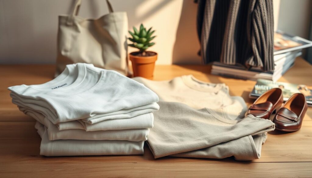 A minimalist arrangement of sustainable fashion items on a natural wooden surface, bathed in warm, diffused lighting. In the foreground, neatly folded organic cotton t-shirts, hemp trousers, and a canvas tote bag. In the middle ground, a pair of secondhand leather loafers and a vintage-inspired wool sweater. The background features a potted succulent and a stack of eco-friendly fashion magazines. The overall scene conveys a sense of simplicity, affordability, and environmental consciousness.