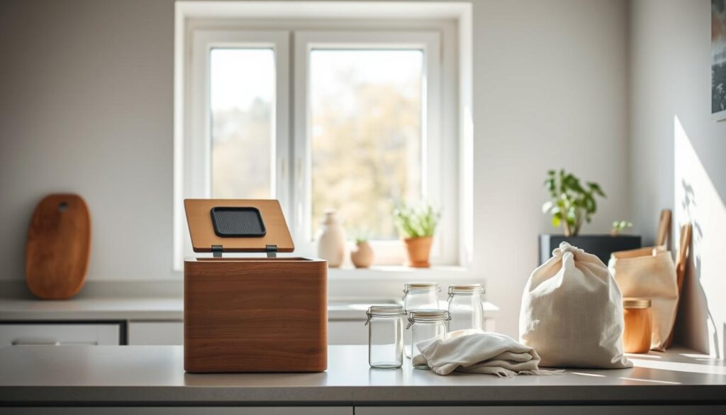 A minimalist household with carefully curated sustainable solutions. In the foreground, a sleek wooden compost bin with a built-in filter sits atop a modern kitchen counter. Nearby, a set of reusable glass jars and cloth bags are neatly arranged, showcasing waste-reducing alternatives to single-use plastics. The middle ground features a large window, allowing natural light to flood the space and highlighting the airy, decluttered atmosphere. In the background, a small herb garden thrives on a windowsill, demonstrating self-sufficiency and eco-conscious living. The overall scene conveys a sense of simplicity, organization, and a thoughtful approach to minimizing waste without sacrificing style or functionality.