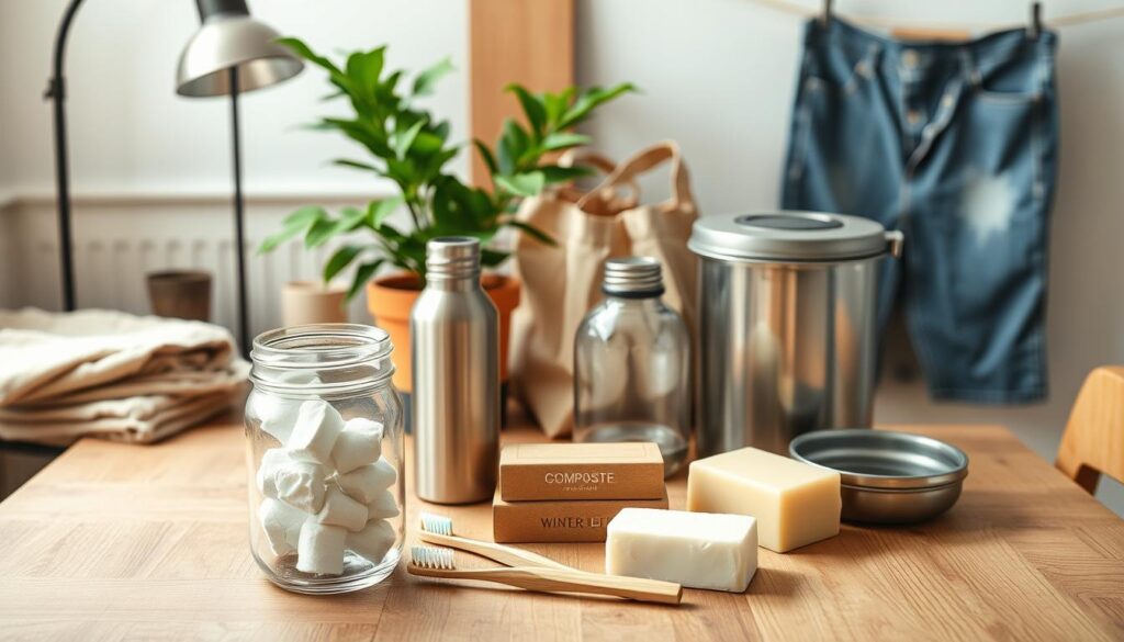 A minimalist, top-down view of a wooden kitchen table, adorned with various eco-friendly lifestyle items. In the foreground, a mason jar filled with reusable cotton pads, a bamboo toothbrush, and a bar of natural soap. In the middle ground, a stack of cloth grocery bags, a metal water bottle, and a compost bin. In the background, a potted plant, a solar-powered lamp, and a pair of well-worn denim jeans hanging on a clothesline. The lighting is soft and natural, creating a warm, inviting atmosphere. The overall composition emphasizes the simplicity and practicality of a budget-friendly green lifestyle.