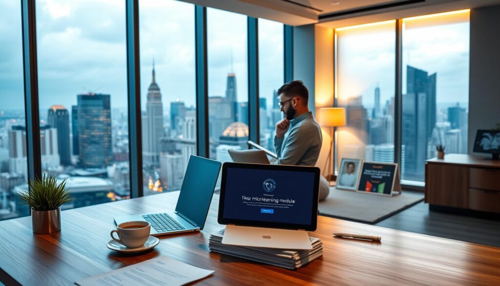 A modern, minimalist office interior with a large, floor-to-ceiling window overlooking a vibrant city skyline. In the foreground, a sleek wooden desk adorned with a laptop, a cup of coffee, and a small potted plant. On the desk, a stack of well-organized documents and a tablet displaying an interactive microlearning module. The middle ground features a comfortable chair and a cozy seating area, where a person is engaged in deep thought, studying the material on the tablet. The background is softly lit, with warm, ambient lighting and a subtle, geometric wall pattern. The overall atmosphere is one of focus, productivity, and a sense of personal growth and upskilling.