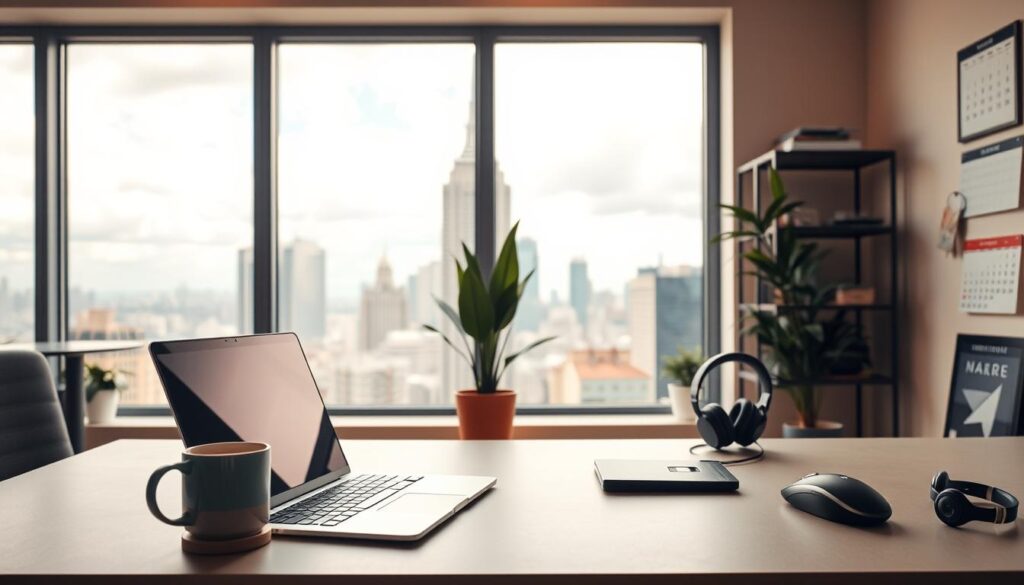 A modern office space with a remote work theme. In the foreground, a laptop on a minimalist desk, surrounded by a potted plant and a cup of coffee. The middle ground features a large window overlooking a cityscape, with skyscrapers and a partially cloudy sky. Warm, diffused lighting creates a cozy, productive atmosphere. The background showcases various remote work accessories, such as a wireless mouse, noise-cancelling headphones, and a calendar, all arranged neatly. The overall composition conveys the flexibility and convenience of remote work.