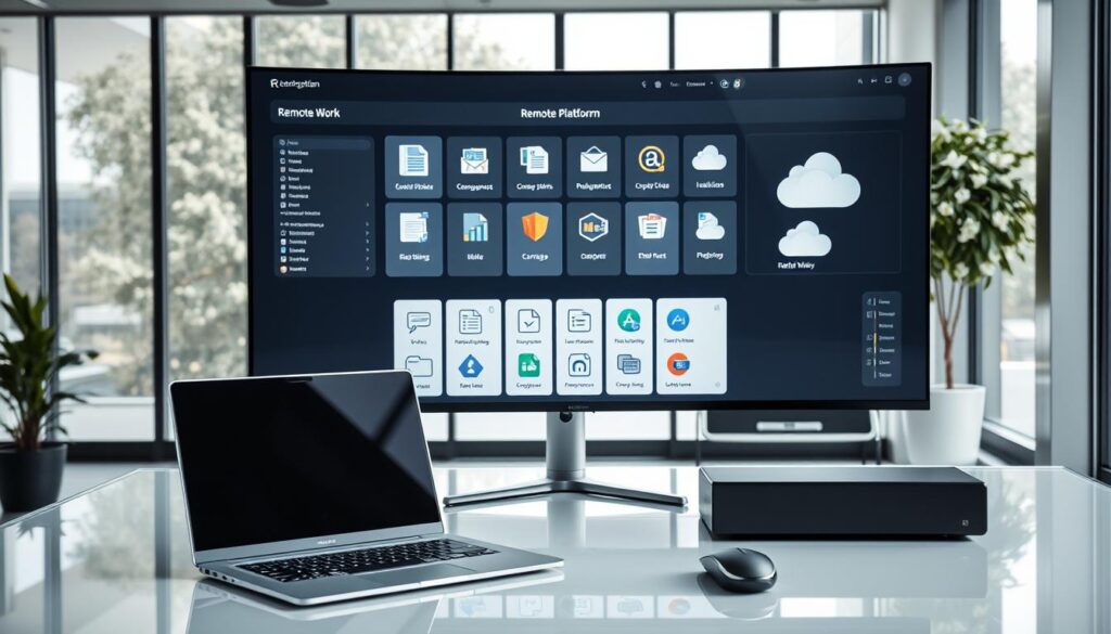 A modern office workspace with a sleek and minimalist design. In the foreground, a laptop, mouse, and keyboard sit atop a smooth, glass desk. Behind them, a large, high-resolution monitor displays various remote work platforms, showcasing their user-friendly interfaces and collaborative features. The middle ground features neatly organized files, documents, and cloud storage icons, hinting at the seamless file-sharing and storage capabilities of these platforms. In the background, large windows allow natural light to flood the space, creating a bright and airy atmosphere. The lighting is soft and diffused, lending a sense of professionalism and productivity to the scene.