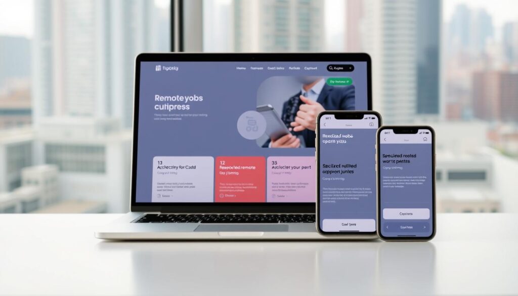 A neatly organized collection of remote job listings on a sleek, minimalist website platform. The foreground features a laptop screen displaying various specialized remote work opportunities, with clean typography and subtle icons denoting job types. In the middle ground, a mobile device showcases a responsive design, allowing job seekers to browse openings on the go. The background is a serene, blurred cityscape, hinting at the global reach and flexibility of these remote roles. The overall mood is professional, informative, and visually appealing, reflecting the curated nature of the remote job platform.
